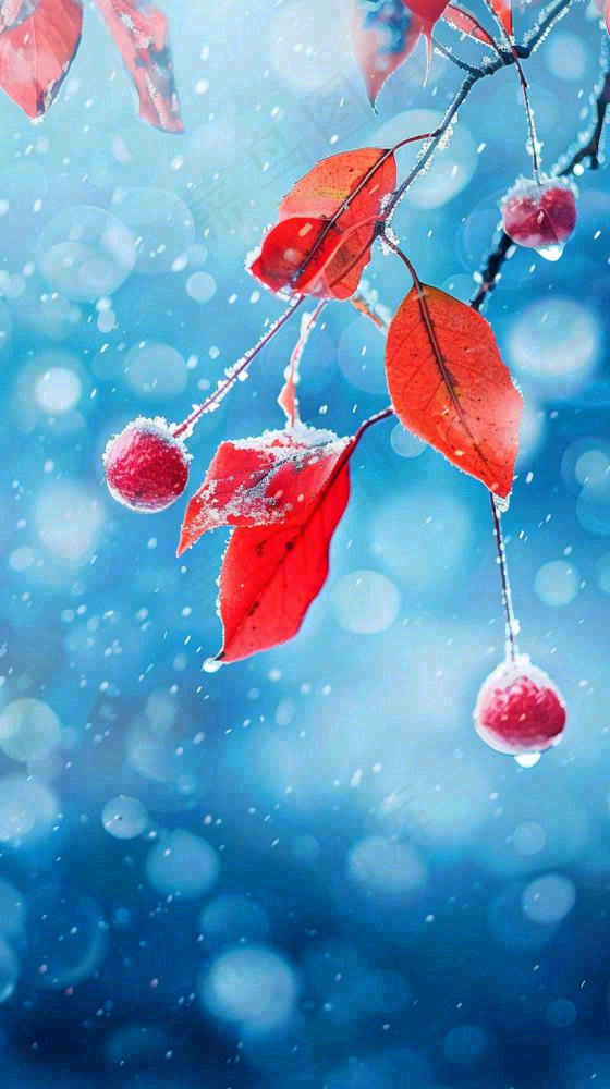 红叶上的白霜白雪秋冬霜降寒露立冬摄影图(816x1456)