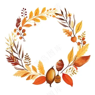 枫叶落叶树叶简约秋天圆形边框水彩画插画免抠