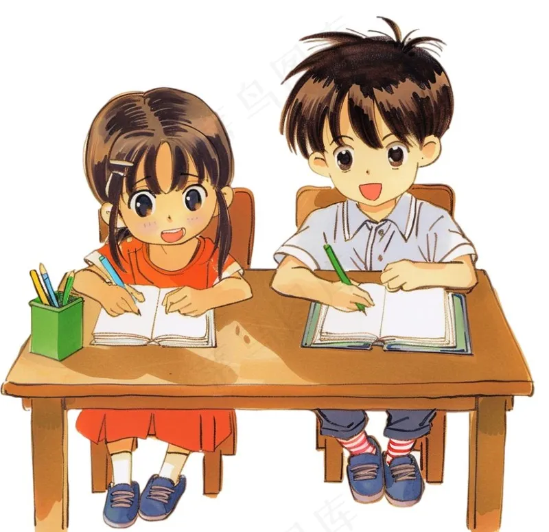 学生们坐着课桌上学习交流写作业卡通插画免抠(1056x1024)