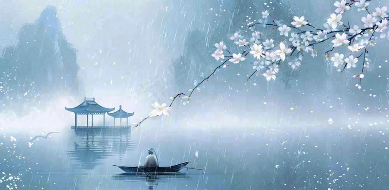 雨水春分清明节清明节唯美古风意境山水风景插画海报背景(1568x768)