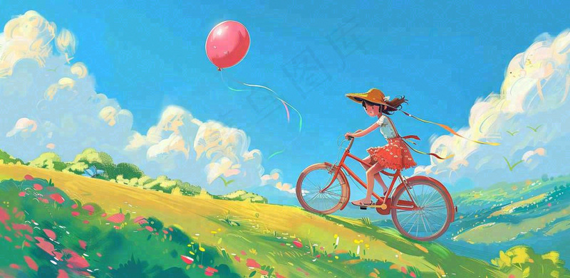 春夏踏青女孩骑自行车草原蓝天白云气球自由春分惊蛰卡通插画背景