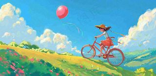 春夏踏青女孩骑自行车草原蓝天白云气球自由春分惊蛰卡通插画背景