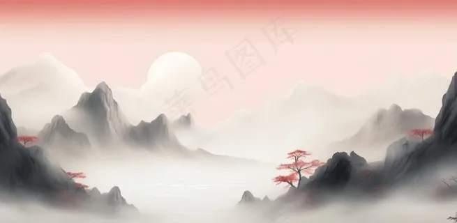 山水水墨画云层山峰中国风插画背景