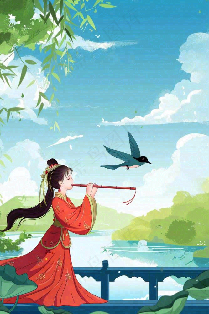 春夏古风女孩游湖吹笛小鸟绿叶大树惊蛰春分立夏清明卡通插画背景(854x1280)
