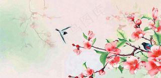 手绘中国风古风春天桃花燕子插画海报背景
