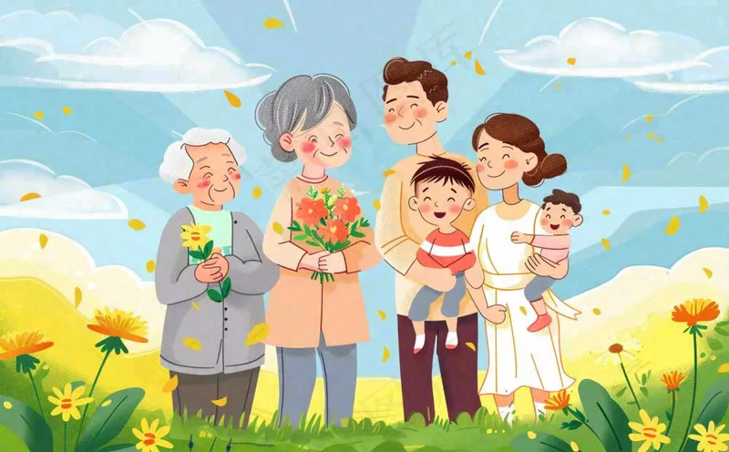 全家福插画卡通手绘家庭父母关爱老人郊游户外重阳背景(1392x864)