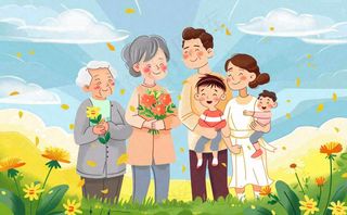 全家福插画卡通手绘家庭父母关爱老人郊游户外重阳背景