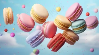 彩色马卡龙甜点漂浮空中摄影图