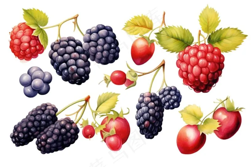 莓果草莓桑葚树莓水果元素插画免抠(1344x896)