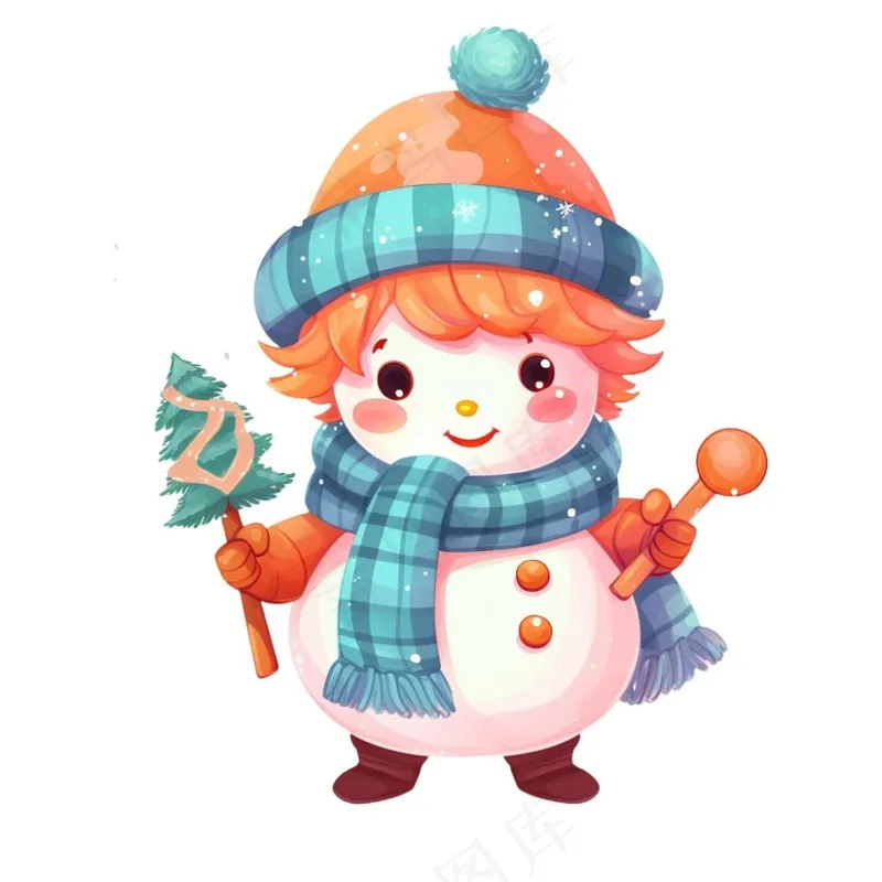圣诞雪人蓝色橘色帽子围巾卡通插画免抠(1024x1024)