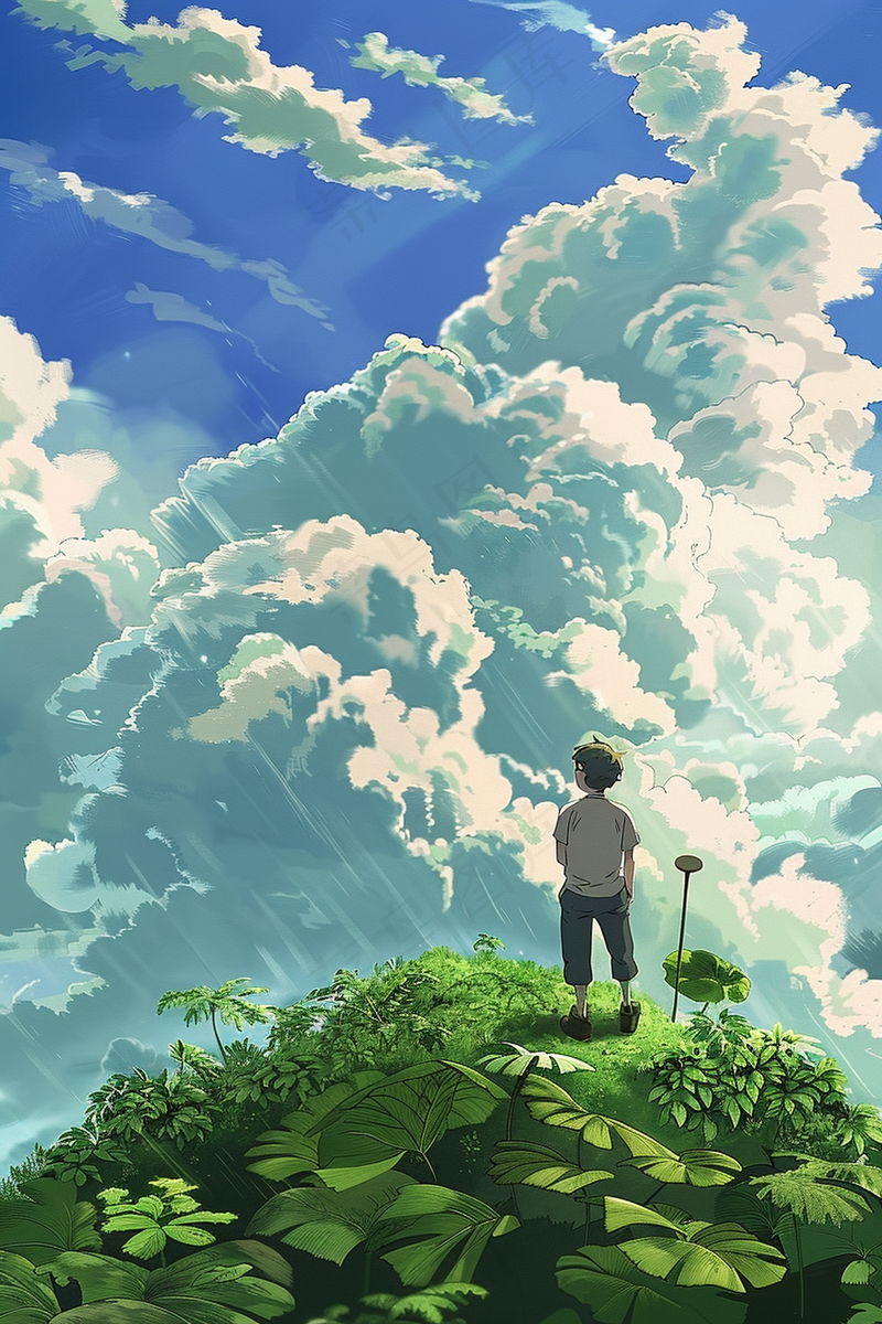 夏日天空之境男孩白云蓝天绿草地插画背景