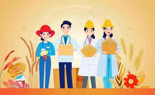 卡通人物劳动节职业人员橙色背景卡通插画背景