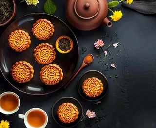 中秋美食月饼中国传统糕点摆盘装饰泡茶摄影图