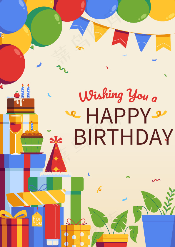 现代人员生日快乐手绘绿色淡红祝福海报