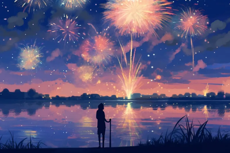 烟花五彩的烟花庆典新年节日暮色的天空卡通插画背景(4032x2688)