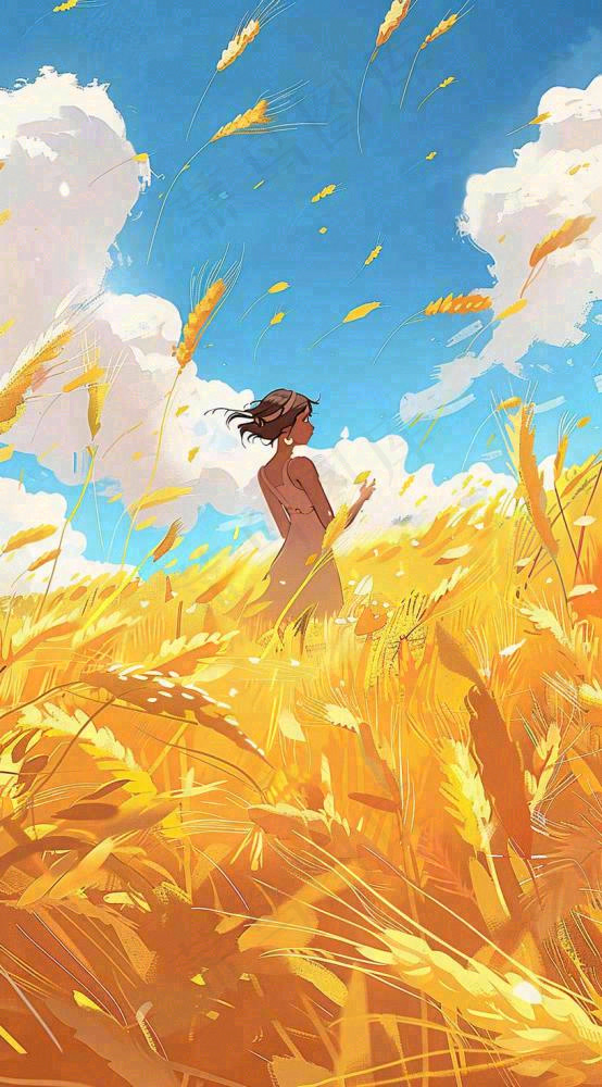 秋天金色麦田女孩蓝天秋收立秋秋分处暑芒种插画背景(816x1472)
