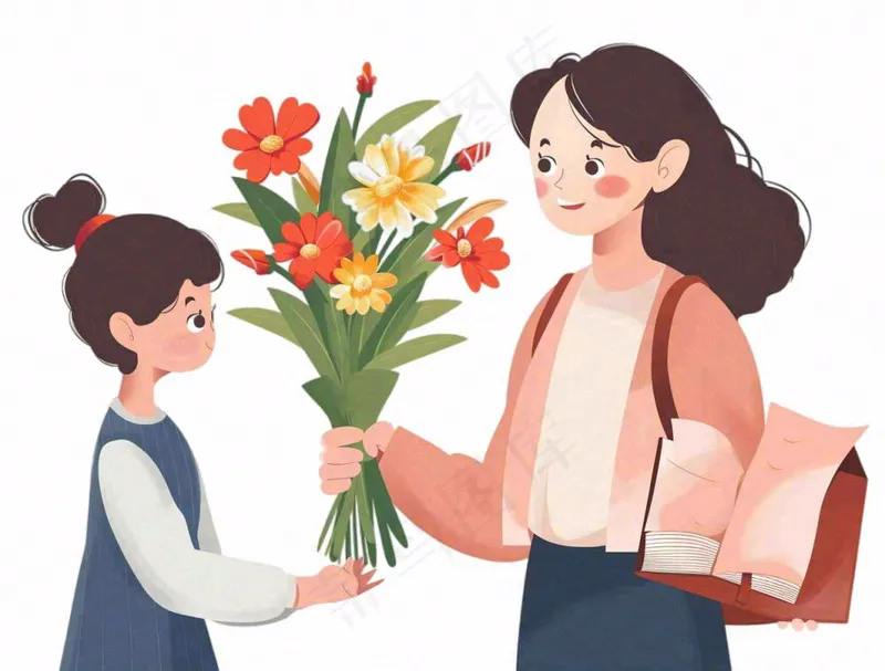 女孩给妈妈送花教师节母亲节卡通插画免抠(1264x960)