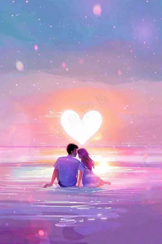 海边情侣相拥坐着粉色天空晚霞浪漫七夕情人节插画背景