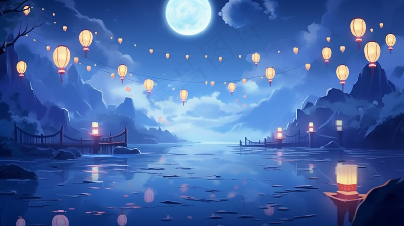 节日灯笼祈福夜晚天水一色蓝色卡通插画插图背景(4368x2448)
