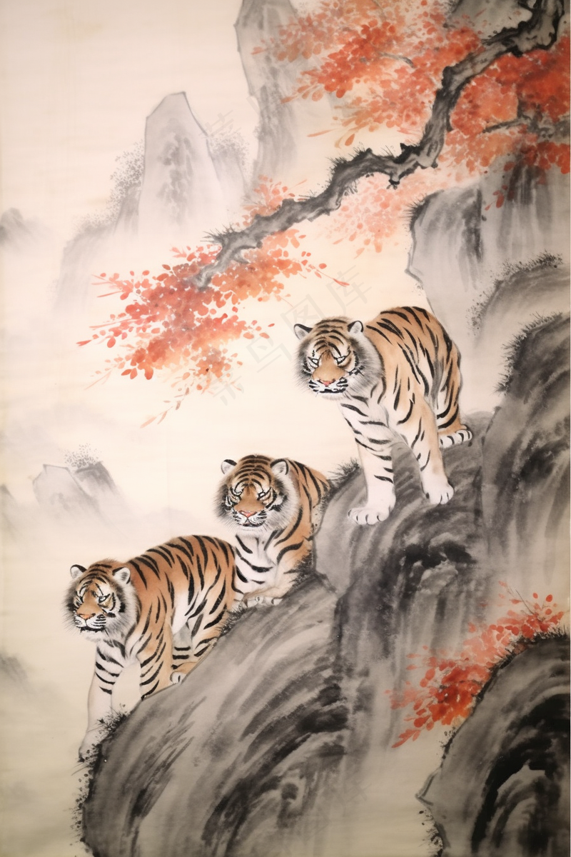 悬崖峭壁上的老虎动物山峦国画水墨画素材背景(2688x4032)