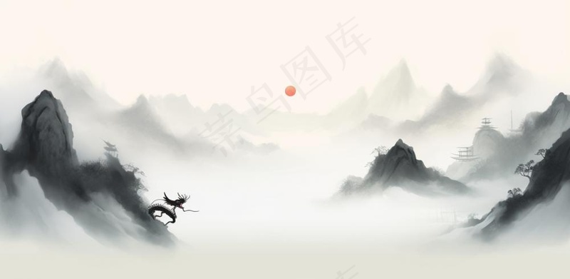 山水水墨画云层山峰中国风插画背景(1568x768)