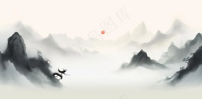 山水水墨画云层山峰中国风插画背景(1568x768)