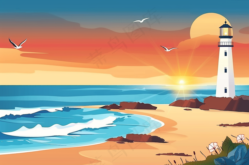 海滩礁石灯塔落日夕阳插画背景