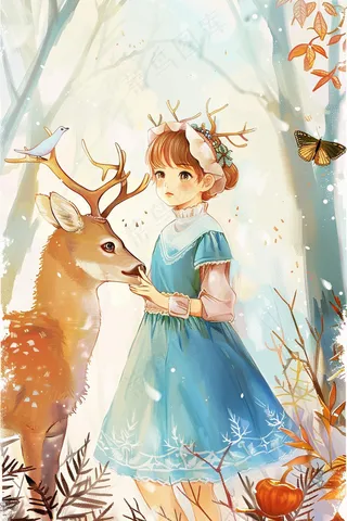 盛夏的树林中与麋鹿的蓝裙小女孩插画背景
