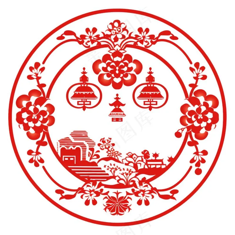 中式红色圆形贴纸窗花插画免抠(1024x1024)