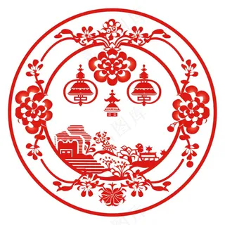 中式红色圆形贴纸窗花插画免抠