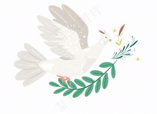 飞鸽携绿枝白鸽和平卡通插画免抠