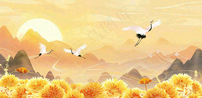 国潮风重阳菊花仙鹤山水场景插画中秋背景(1568x768)