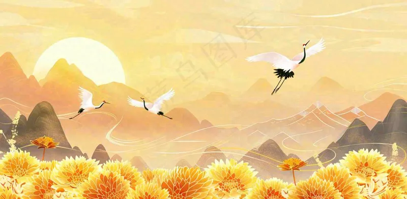 国潮风重阳菊花仙鹤山水场景插画中秋背景(1568x768)