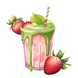 草莓抹茶奶茶冰淇淋奶茶美味夏日卡通插画免抠