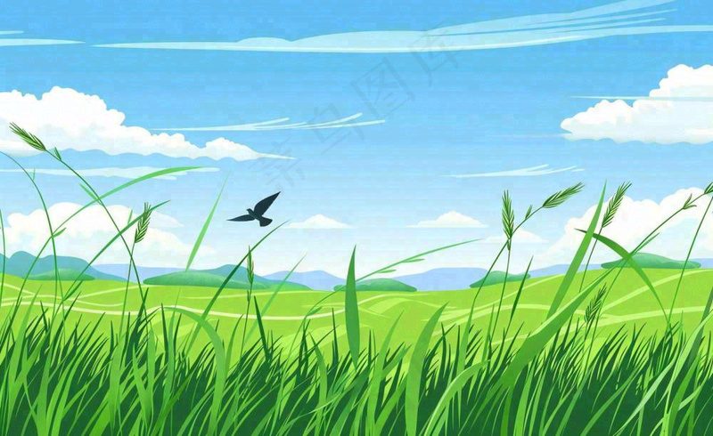 春天草场莺飞小麦地绿色麦苗小满芒种立夏卡通插画背景(1408x864)