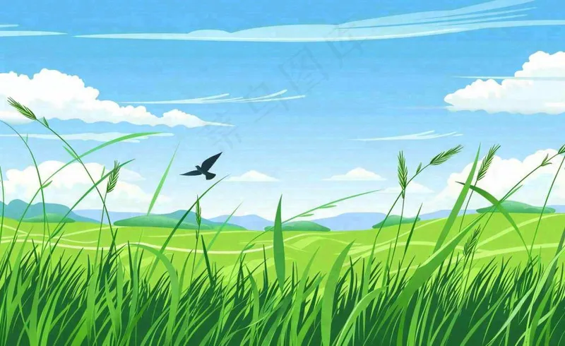 春天草场莺飞小麦地绿色麦苗小满芒种立夏卡通插画背景(1408x864)