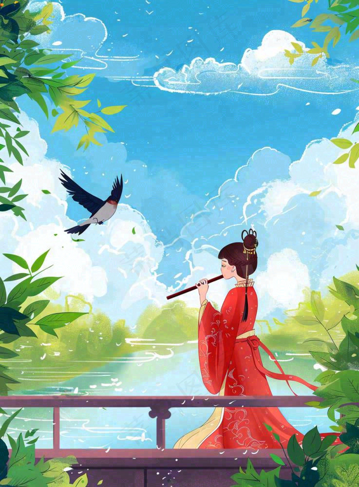 春夏古风女孩游湖吹笛小鸟绿叶大树惊蛰春分立夏清明卡通插画背景(944x1280)