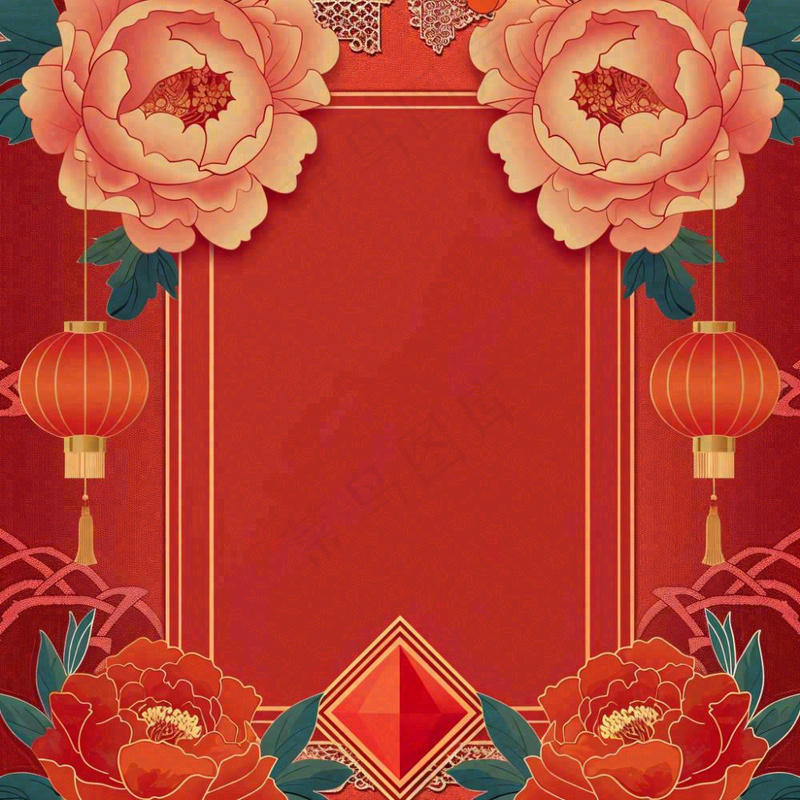 新春新年牡丹花灯笼红色边框剪贴画插画背景