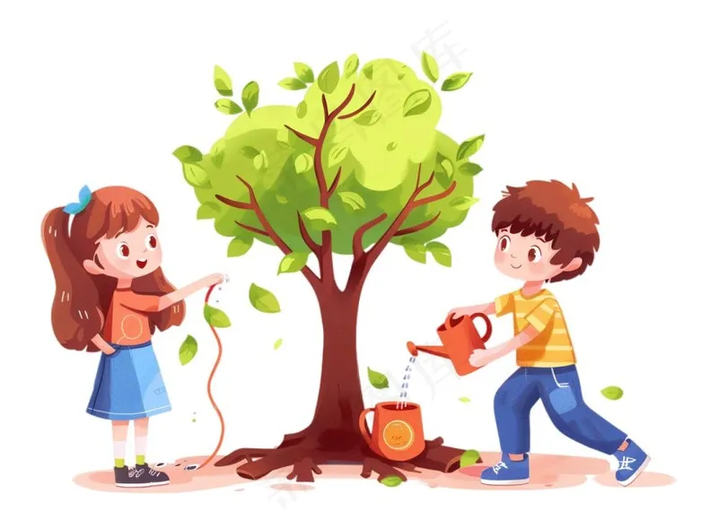 植树节学生们植树浇水爱护环境卡通插画免抠(1280x928)