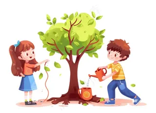 植树节学生们植树浇水爱护环境卡通插画免抠