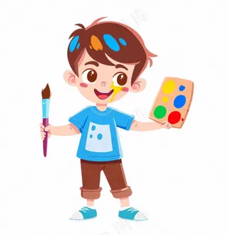 画画美术拿着颜料盘画笔的男孩学生卡通插画免抠