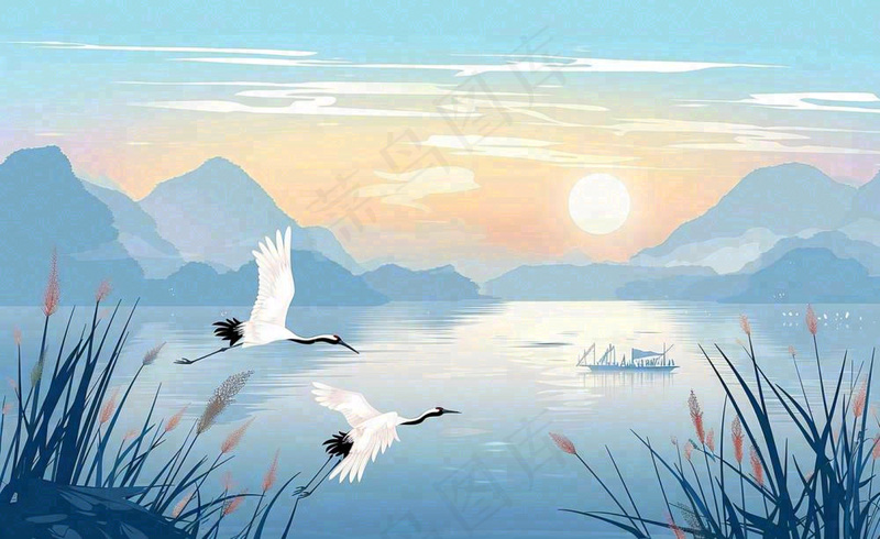 唯美白露仙鹤鸟山水风景秋天芦苇日落日出秋天插画背景(1408x864)