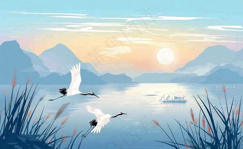 唯美白露仙鹤鸟山水风景秋天芦苇日落日出秋天插画背景(1408x864)