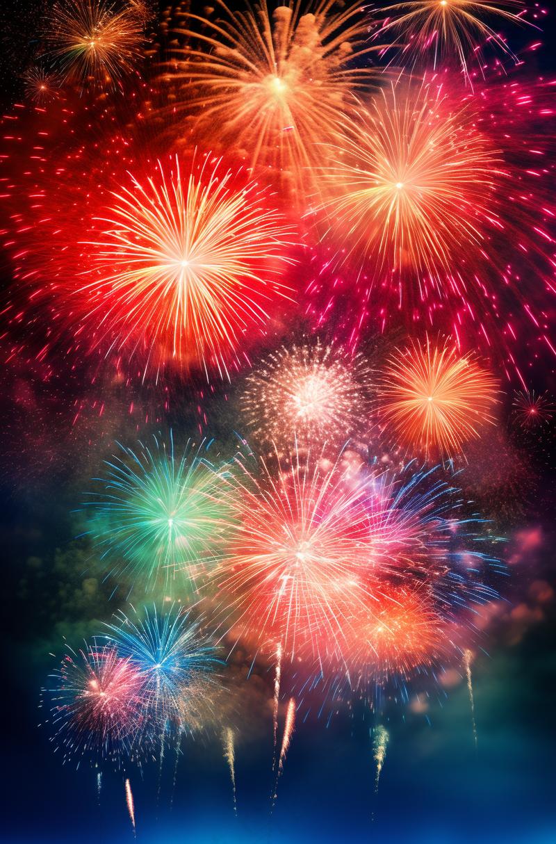 烟花五颜六色的烟花庆典新年节日暮色的天空背景摄影图(2688x4080)