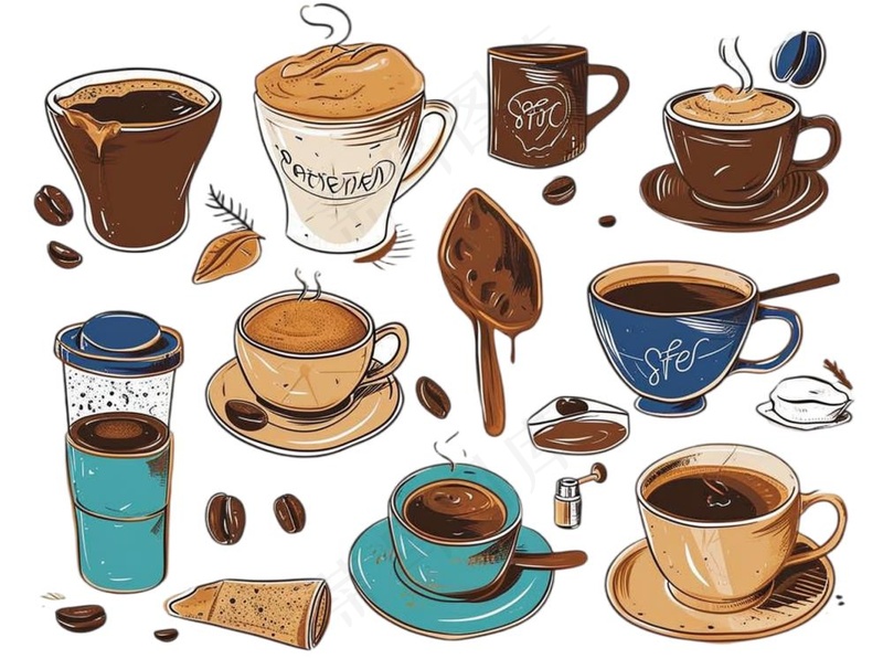 咖啡元素手绘卡通插画素材免抠