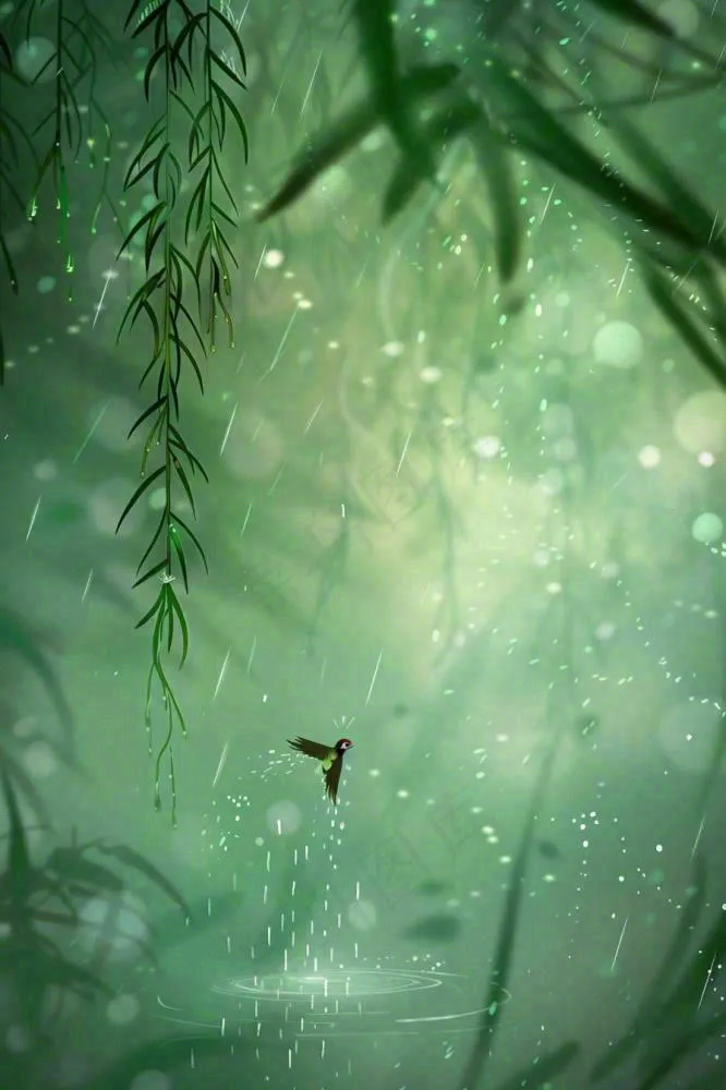 绿色简约小清新柳树雨天燕子雨水谷雨插画背景(896x1344)