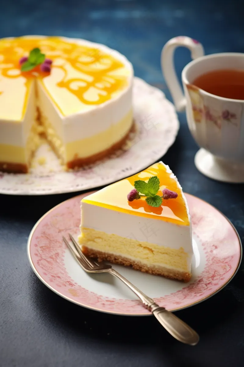 芒果慕斯蛋糕薄荷下午茶摄影图(2688x4032)