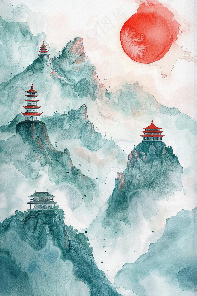水墨国画山川寺庙立于山顶日出青山插画背景(2688x4032)