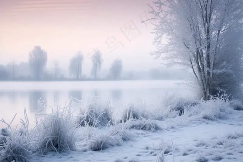 冬天清晨湖边的草地树木被白雪覆盖雾凇摄影图(4032x2688)