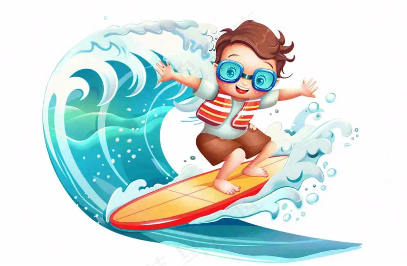 冲浪的少年男孩浪花运动卡通人物插画免抠(1344x880)